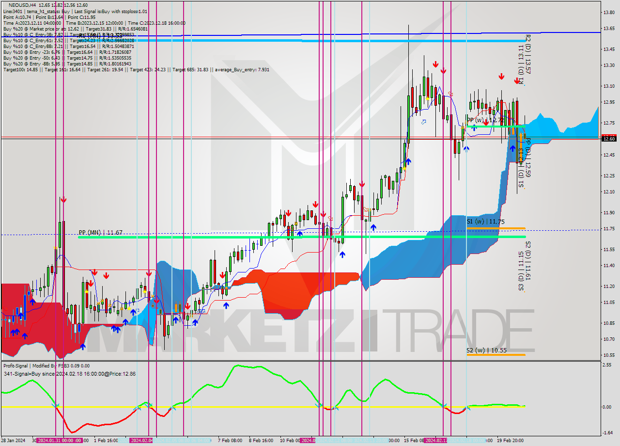 NEOUSD MultiTimeframe analysis at date 2024.02.17 11:45